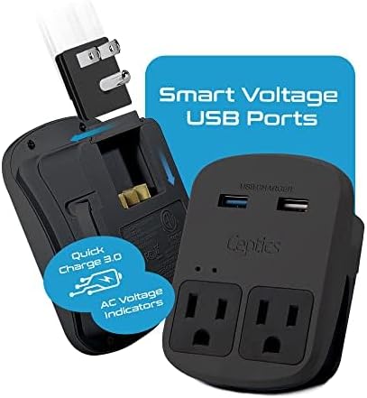 Ceptics World Travel Adapter Kit - QC 3.0 Dual USB + Dual US Outlets, Surge Protection, Perfect For Europe, UK, China, Australia, Japan, Perfect For Laptop, Cell Phones, Cameras - Safe ETL - Black
