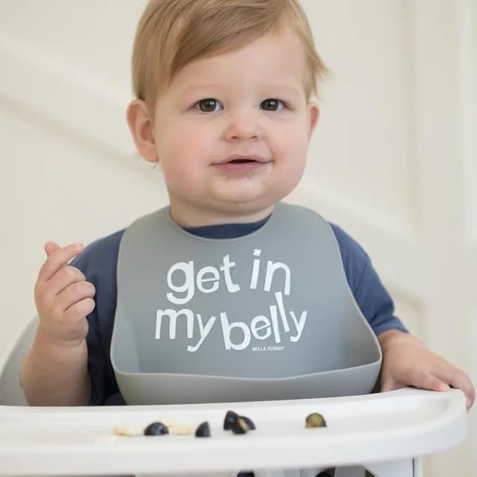 Baby Bib for Eating by Bella Tunno, Waterproof Silicone Bib with Large Food Catcher, Adjustable Fit for Babies 4-12 months & Toddlers 1-3 Years, Boys & Girls, Get In My Belly-BubblyBeeBaby