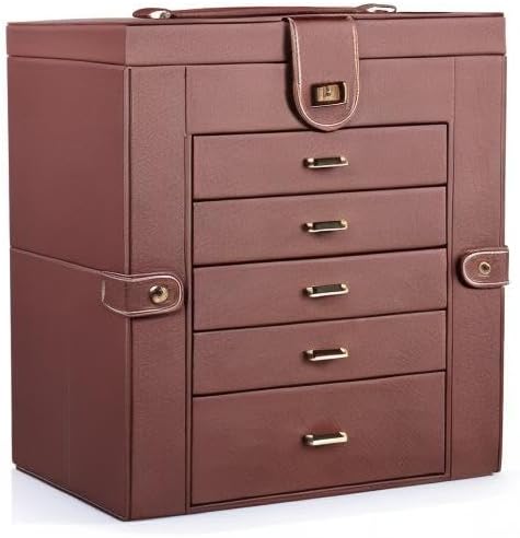 Kendal Extra Large Jewelry Box Jewelry Case PU Leather 6 Tier 5 Drawers Large Storage Capacity with Mirror Jewelry Storage Organizer Great Gift Also Good For Watches LJC-SHD5BN (Brown)-BubblyBeeBaby