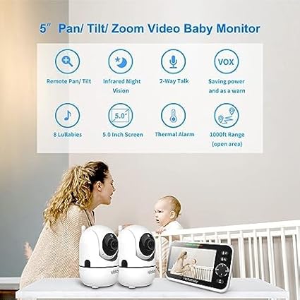 HelloBaby Upgrade 5’’ Baby Monitor with 30-Hour Battery, 2 Cameras Pan-Tilt-Zoom, 1000ft Range Video Audio Baby Monitor No WiFi, VOX, Night Vision, 2-Way Talk, 8 Lullabies and Temperature-BubblyBeeBaby