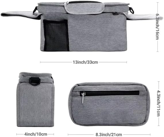 Universal Stroller Organizer with Insulated Cup Holder, Detachable Phone Bag, Shoulder Strap – Fits All Stroller Types, Keeps Drinks Hot/Cold (Grey)-BubblyBeeBaby