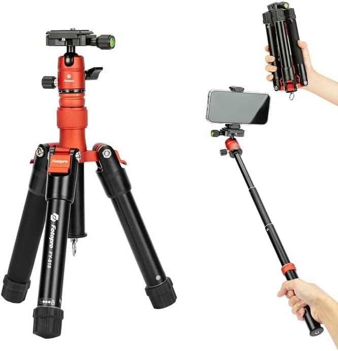 Fotopro Mini Tripod with Ball Head, Phone Mount Detachable Selfie Stick, Folded only 8.6", Max Load up to 6.6 lbs. FY-810 Orange