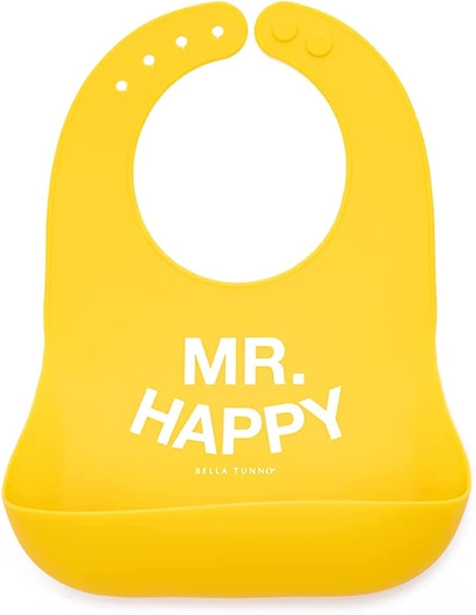 Baby Bib for Eating by Bella Tunno, Waterproof Silicone Bib with Large Food Catcher, Adjustable Fit for Babies 4-12 months & Toddlers 1-3 Years, Boys & Girls, Mr Happy-BubblyBeeBaby