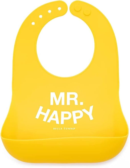 Baby Bib for Eating by Bella Tunno, Waterproof Silicone Bib with Large Food Catcher, Adjustable Fit for Babies 4-12 months & Toddlers 1-3 Years, Boys & Girls, Mr Happy-BubblyBeeBaby