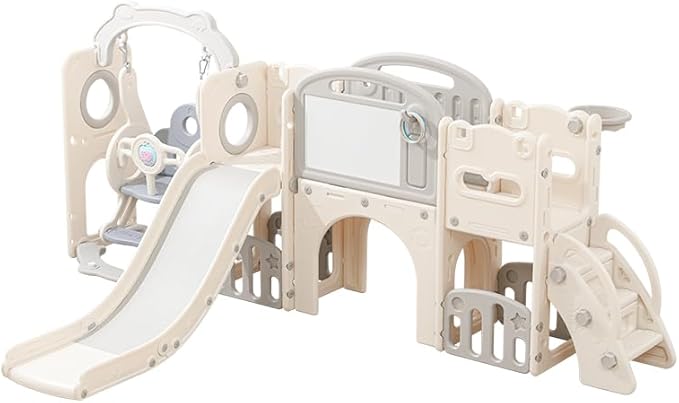 12 in 1 Toddler Outdoor Playset with Swing, Indoor Swing and Slide Set Playground for Toddlers 1-3, Durable Climber Basketball Hoop Ball Toddler Indoor Playset for Home Playground-White Grey-BubblyBeeBaby