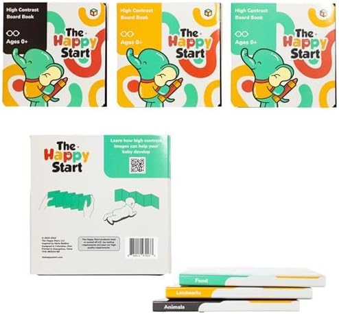 Happy Start Award-Winning High Contrast Board Book - Newborn Black & White Baby Cards, Easy to Clean, Hospital Approved, Stands on Its Own, Tummy Time Toy, Ages 0+ (English - Pack of 3)-BubblyBeeBaby