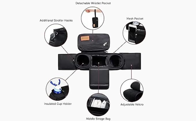 Universal Stroller Organizer with Insulated Cup Holder, Detachable Phone Bag, Shoulder Strap – Fits All Stroller Types, Keeps Drinks Hot/Cold (Black)-BubblyBeeBaby