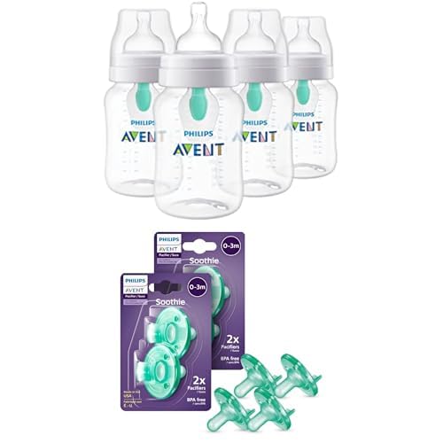 Bundle of Philips Avent Anti-Colic Baby Bottle with AirFree Vent, 9oz, 4pk, Clear, SCY703/04 + Philips Avent Soothie 0-3 Months Orthodontic Baby Pacifiers, BPA-Free, Green, 4 Pack, Model SCF190/41-BubblyBeeBaby