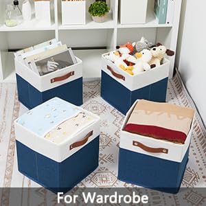 HNZIGE Cube Storage Bins Basket for Shelves Set of 4, Fabric Storage Cubes Baskets Closet Storage Bins for Cube with Handles, Cubby Storage Bins Baskets for Organizing Home and Office (White Blue)-BubblyBeeBaby