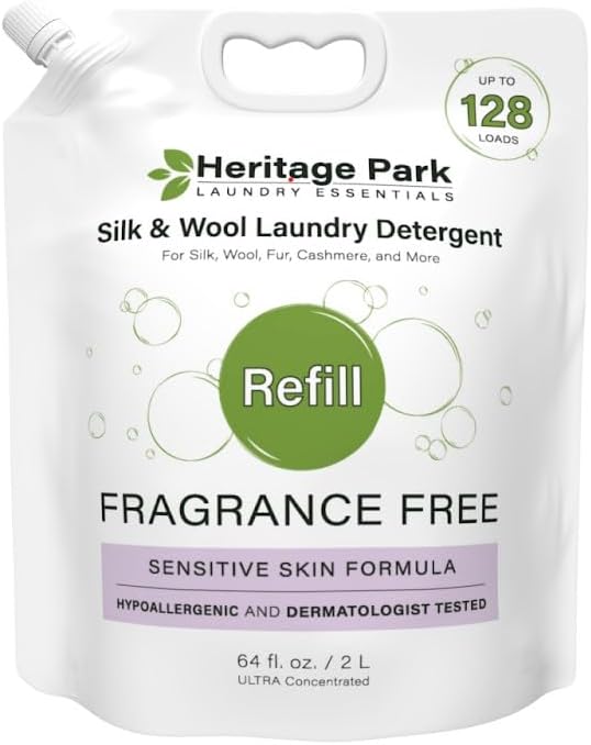 Heritage Park Silk & Wool Fragrance Free, Hypoallergenic, pH-Neutral Laundry Detergent - Dermatologist-tested, Sensitive Skin-Friendly, Enzyme-Free, Ultra Concentrated (64 fl oz Refill)-BubblyBeeBaby