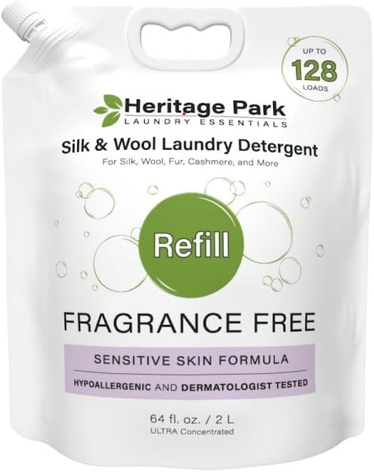 Heritage Park Silk & Wool Fragrance Free, Hypoallergenic, pH-Neutral Laundry Detergent - Dermatologist-tested, Sensitive Skin-Friendly, Enzyme-Free, Ultra Concentrated (64 fl oz Refill)-BubblyBeeBaby