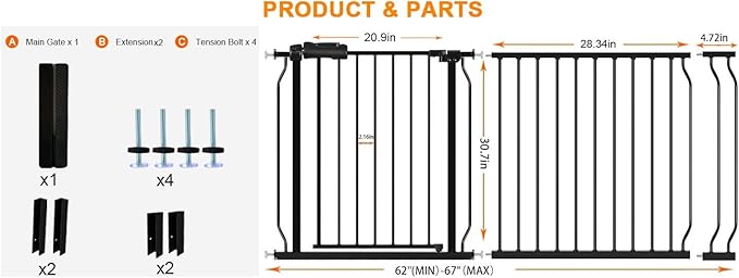 HOOEN 30" Tall Extra Wide Baby Gate for Doorways Stairs 62 to 67 Inch Large Long Pressure Monuted Dog Gate Black Tension Baby Gate Walk Through Safety Gate for Kids or Pets-BubblyBeeBaby