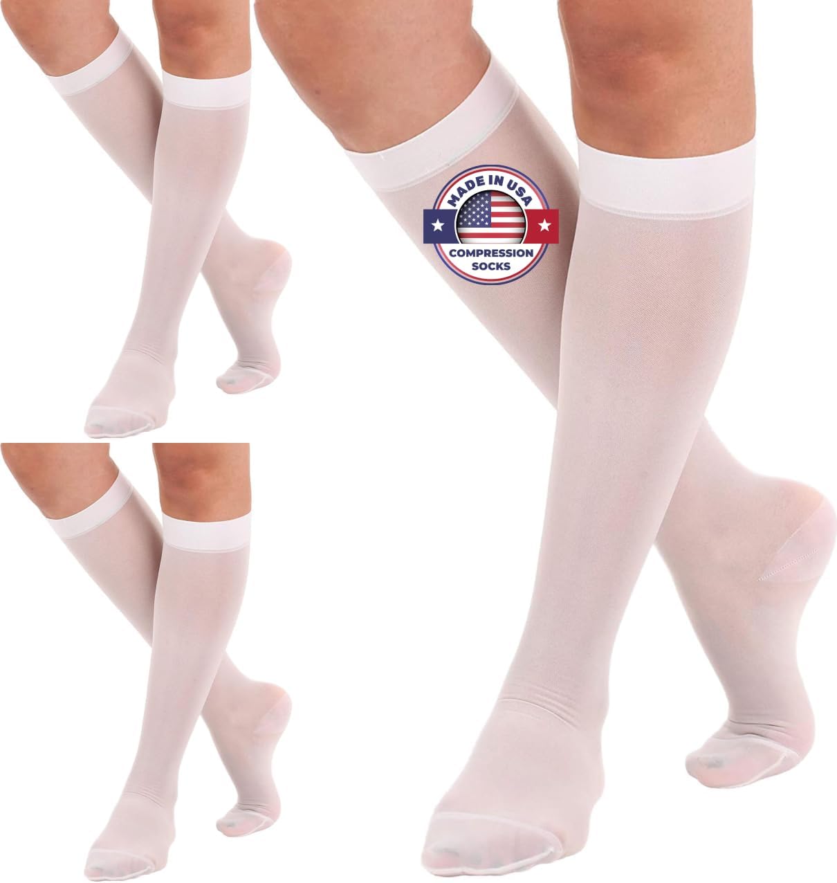 (3 Pairs - Closed Toe) Made in USA - Compression Stockings for Women 15-20mmHg - Sheer Compression Socks for Edema, Pregnancy, Diabetic, Post Surgery Recovery - White, Small - A101WH1-3