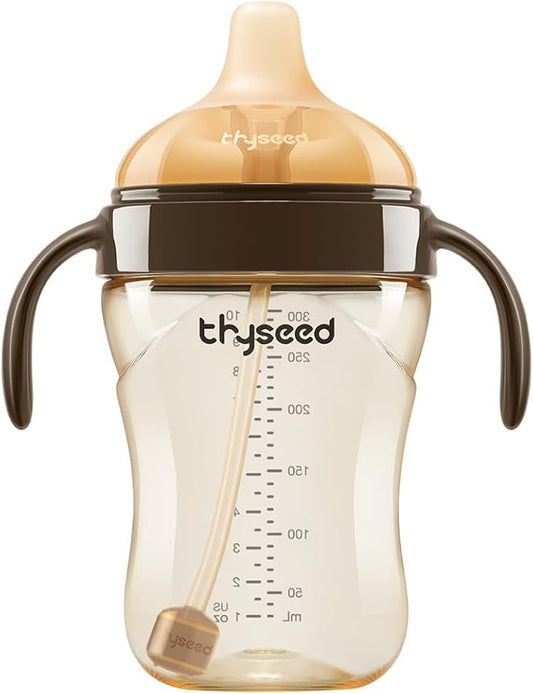 Thyseed Infant Spill Proof Weighted Straw Sippy Cups with Handles and Lids Breastfed Baby First Soft Spout Top Training Water Cup Toddler Boy Girl No Leak Transitioning Bedtime Milk Bottles 6 Months+-BubblyBeeBaby