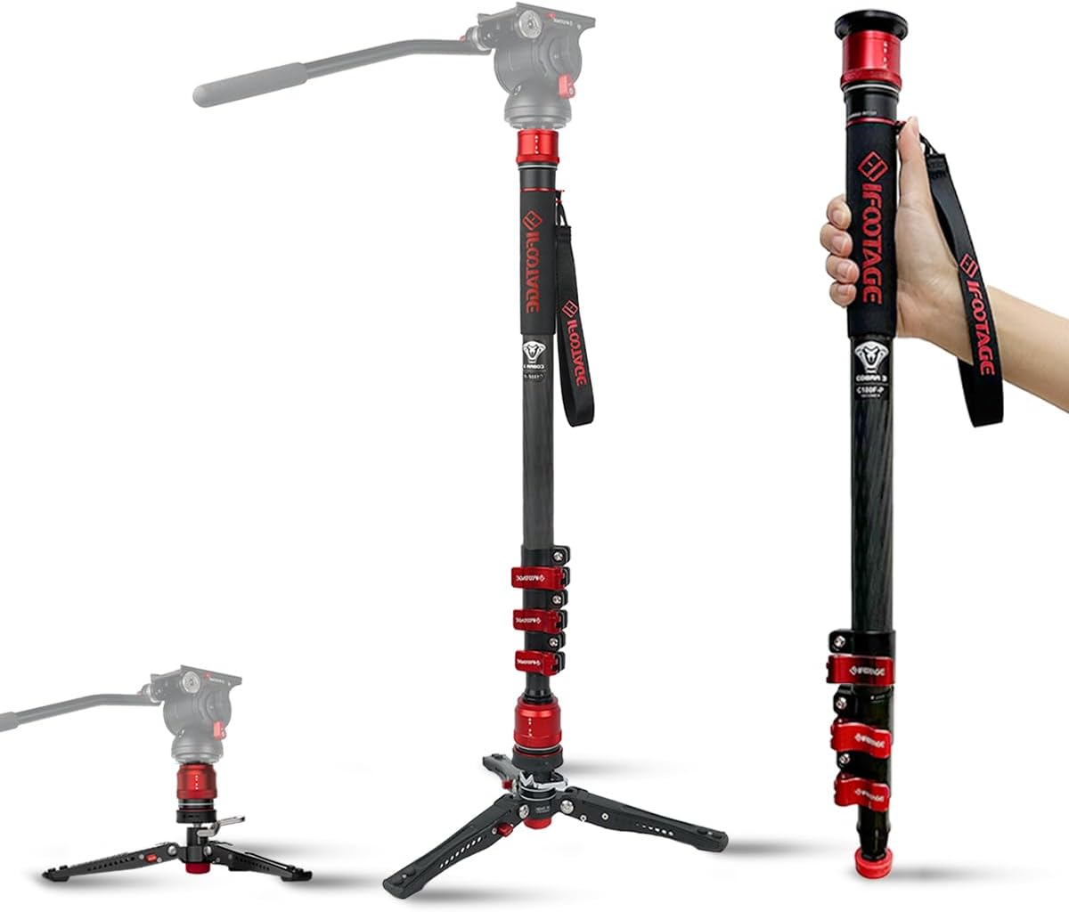 IFOOTAGE 71”Carbon Fiber Monopod with Feet Cobra 3 Monopod C180F-P,Pedal Base Tripod CB3 Base-P Low Profile,for Sony,Nikon,DSLR,Max.Payload 17.64lb/8KG