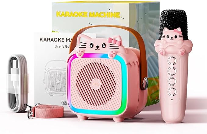 Karaoke Machine with 2 Wireless Microphones for Kids Adults,Portable Bluetooth Speaker Girls Toddlers Toy Gift for Aged 3-12 Year Birthday Parties Christmas Party - Pink-BubblyBeeBaby