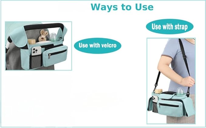 Universal Stroller Organizer with Insulated Cup Holder, Detachable Phone Bag, Shoulder Strap – Fits All Stroller Types, Keeps Drinks Hot/Cold (Blue)-BubblyBeeBaby