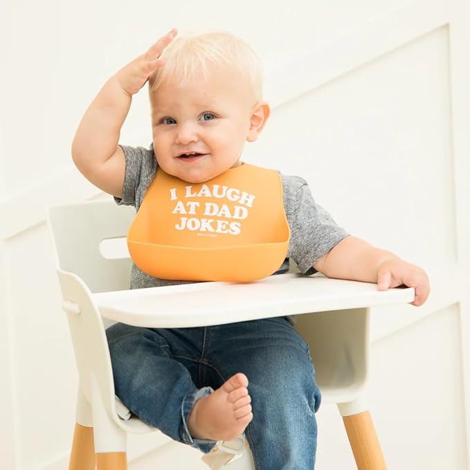 Baby Bib for Eating by Bella Tunno, Waterproof Silicone Bib with Large Food Catcher, Adjustable Fit for Babies 4-12 months & Toddlers 1-3 Years, Boys & Girls, I Laugh At Dad Jokes-BubblyBeeBaby