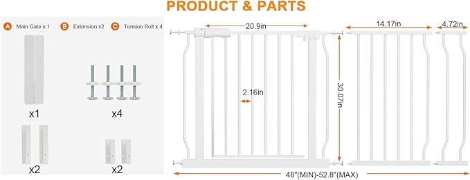HOOEN Extra Wide Baby Gates 48-53 Inch Indoor Child Gate for Kid or Pet Dogs Walk Through Pressure Mounted Baby Gate for Doorway Stairs Living Room-BubblyBeeBaby