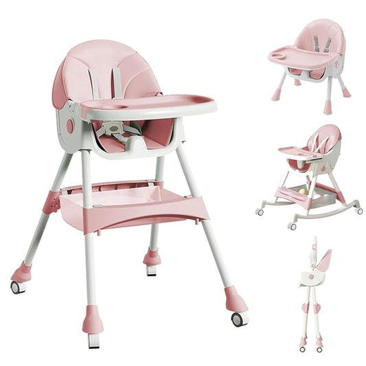 High Chairs for Babies and Toddlers, 4 in 1 Convertible Baby High Chair, Portable High Chair for Travel with Adjustable Height and Back, Foldable HighChair with Wheels& Pu Cushion-BubblyBeeBaby