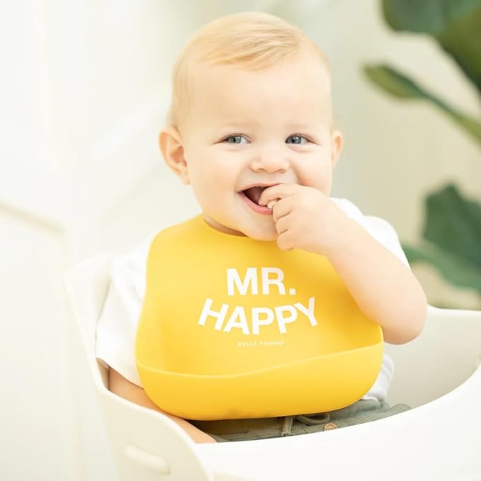 Baby Bib for Eating by Bella Tunno, Waterproof Silicone Bib with Large Food Catcher, Adjustable Fit for Babies 4-12 months & Toddlers 1-3 Years, Boys & Girls, Mr Happy-BubblyBeeBaby
