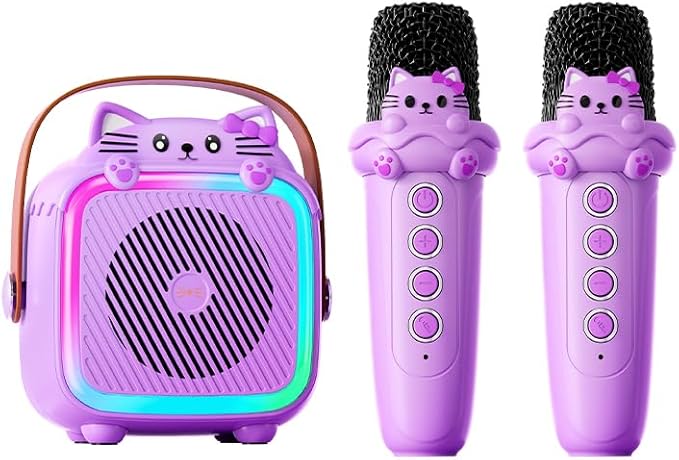 Karaoke Machine with 2 Wireless Microphones for Kids Adults,Portable Bluetooth Speaker Girls Toddlers Toy Gift for Aged 3-12 Year Birthday Parties Christmas Party - Purple-BubblyBeeBaby