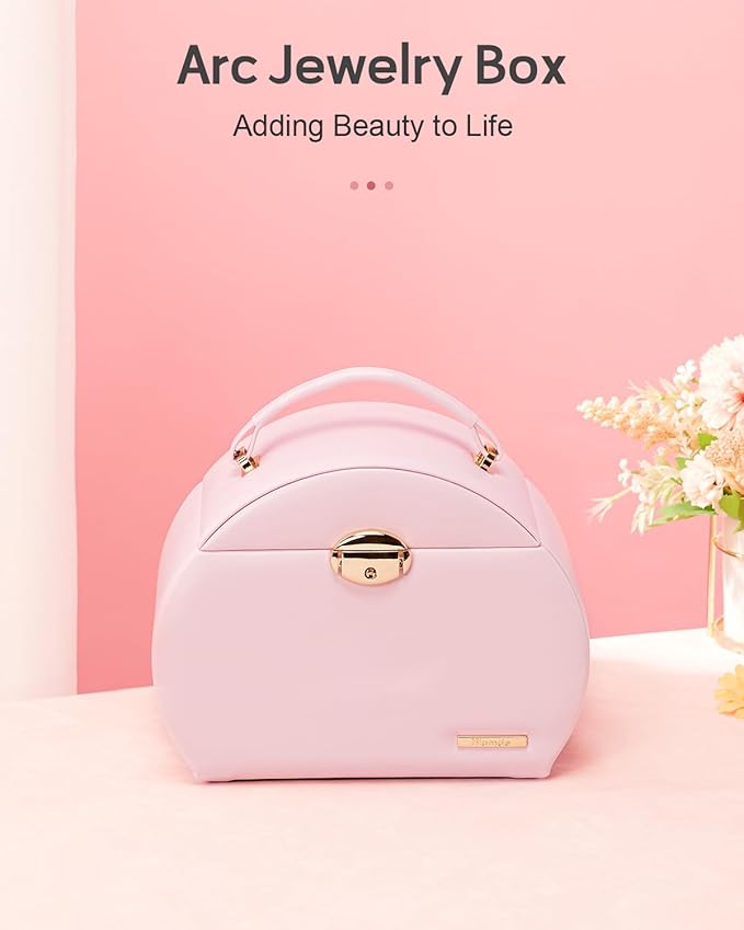 Homde Girls Jewelry Box Jewelry Storage Case Organizer with Mirror for Rings, Earrings, Bracelets, Necklaces (Light Pink + Gold)-BubblyBeeBaby