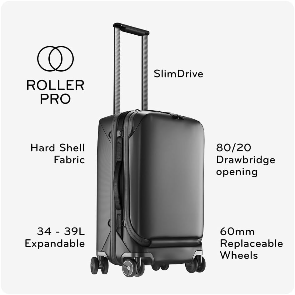 Peak Design Roller Pro Carry-On, Eclipse, Expandable Small Suitcase with Wheels, Carbon Fiber Handle, Drawbridge Opening, Hybrid Soft/Hard Shell, Custom Hardware, Fits XL Camera Cube or Packing Cubes