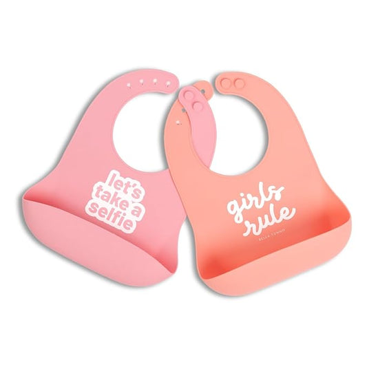 Bella Tunno Baby Bib for Eating, Waterproof Silicone Bib with Large Food Catcher, Adjustable Fit for Babies 4-12 months & Toddlers 1-3 Years, Boys & Girls, Lets Take a Selfie + Girls Rule-BubblyBeeBaby