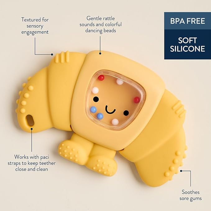 Itzy Ritzy Silicone Rattle Teether– BPA-Free Silicone Teether with Rattle for Babies & Toddlers – Features a Gentle Rattle Sound, Colorful Beads & Multiple Textures (Croissant)-BubblyBeeBaby
