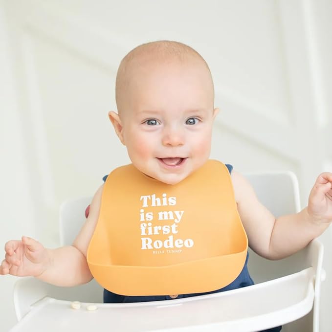 Bella Tunno Baby Bib for Eating, Waterproof Silicone Bib with Large Food Catcher, Adjustable Fit for Babies 4-12 months & Toddlers 1-3 Years, Boys & Girls, This Is My First Rodeo-BubblyBeeBaby
