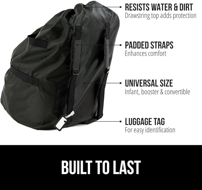 GORILLA GRIP Car Seat Travel Bag for Airplane Gate Check, Easy Carry Padded Backpack Bags Cover Carseats, Infant Baby Carriers and Toddler Booster Seats for Airport, Child Air Travels Essential, Black-BubblyBeeBaby