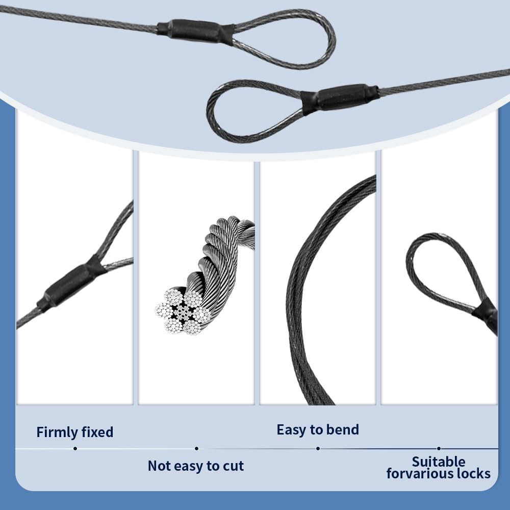 3.3mm Steel Wire Rope Outdoor Travel Security Cable Lock,Braided Steel Coated Safety Cable Luggage Lock,Safety Cable Wire Rope Chain Lock Double Loop Lightweight (Black, 12in/5Pcs)
