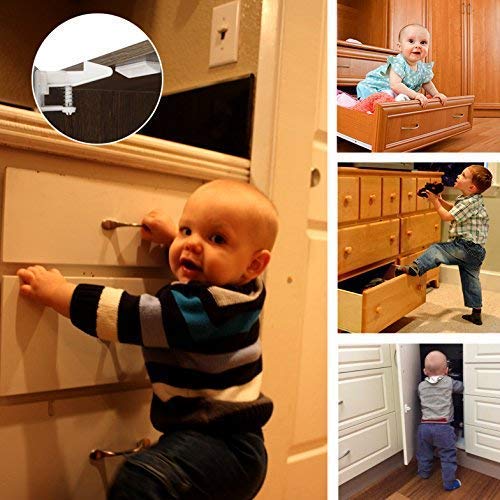 12 Pack Cabinet Locks Child Safety Latches - Vmaisi Baby Proofing Cabinets Drawer Lock with Adhesive Easy Installation - No Drilling or Extra Screws (White)-BubblyBeeBaby