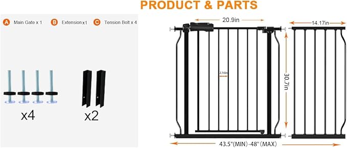 HOOEN Wide Baby Gates for Doorway Stairs 30" Tall 43.5 to 48 Inch Wide Indoor Child Gate for Kid or Pet Dogs Walk Through Pressure Mounted Baby Dog Gate-BubblyBeeBaby