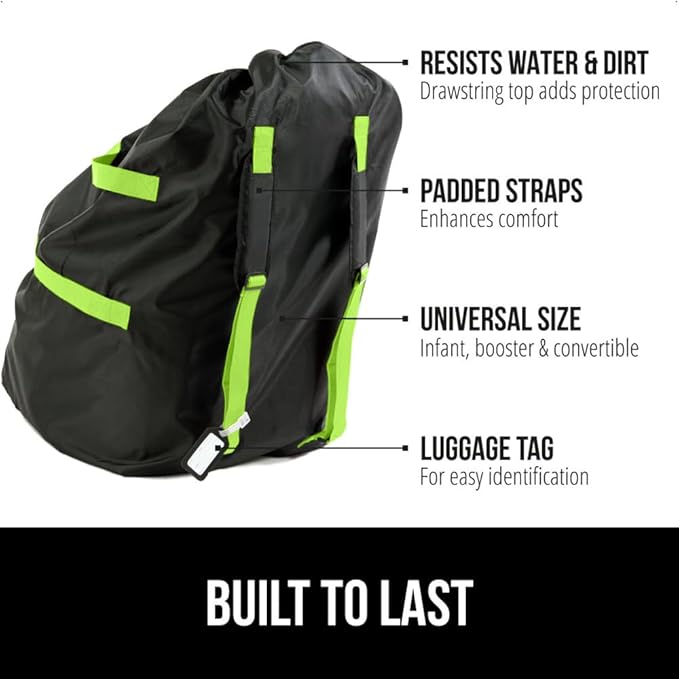GORILLA GRIP Car Seat Travel Bag for Airplane Gate Check, Easy Carry Backpack Bags Cover Carseats, Infant Baby Carriers and Toddler Booster Seats for Airport, Child Air Travels Essential, Fluorescent-BubblyBeeBaby