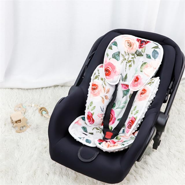 2 in 1 Infant Car Seat Insert, Car Seat Head Support Baby Girls Boys, Soft Newborn Carseat Insert Cushion, Perfect for Carseats, Strollers, Swings (Rose Flower)-BubblyBeeBaby