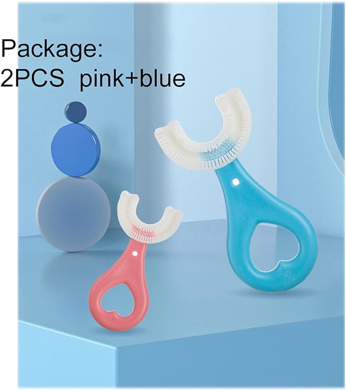 2 Pcs U-Shaped Kids Toothbrush, Premium Soft Manual Training Toothbrush for Kids 2-6 Years Old. (Blue+Pink)-BubblyBeeBaby