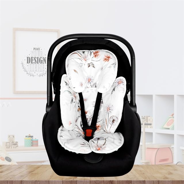 2 in 1 Infant Car Seat Insert, Car Seat Head Support Baby Girls Boys, Soft Newborn Carseat Insert Cushion, Perfect for Carseats, Strollers, Swings (White Flower)-BubblyBeeBaby