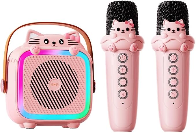 Karaoke Machine with 2 Wireless Microphones for Kids Adults,Portable Bluetooth Speaker Girls Toddlers Toy Gift for Aged 3-12 Year Birthday Parties Christmas Party - Pink-BubblyBeeBaby