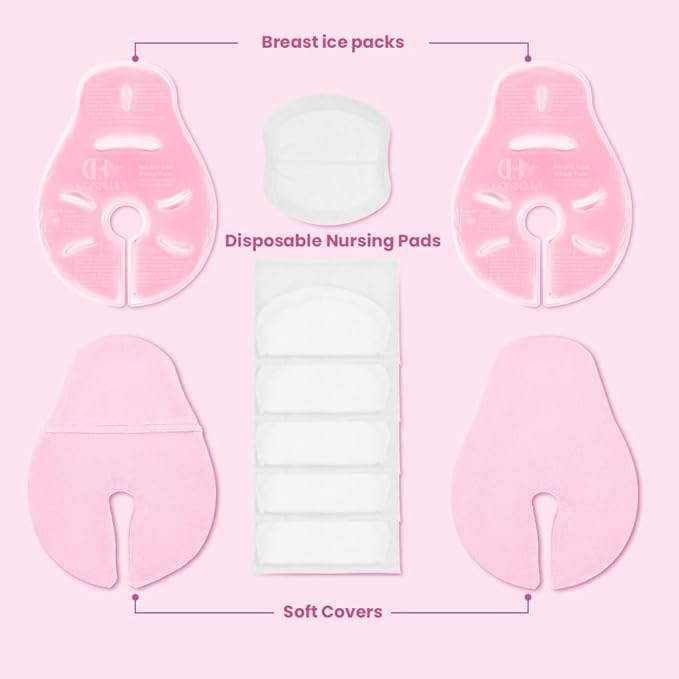 2 Larger Breast Ice Packs with Soft Covers and 6 Breast Pads for Leaking Milk, Hot and Cold Breast Therapy Packs, Breastfeeding Essentials for Relief of Clogged Ducts, Nipple Pain, Engorgement(Pink)-BubblyBeeBaby