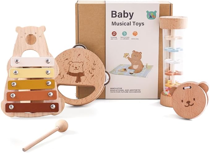 IEATFO Baby Musical Instruments - Your Child's First Musical Toys with Castanet Rainmaker Tambourine Xylophone - Baby Friendly Design Wooden Instruments Set Grow with Your Boys and Girls-BubblyBeeBaby