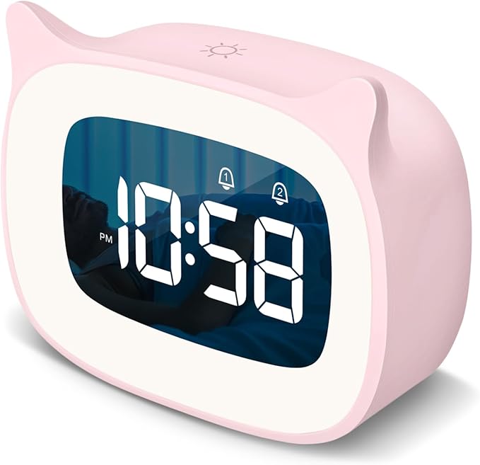 Kids Alarm Clock with Night Light & 18 Ringtones,Rechargeable,Cute Cat Ear Clock for Boys Girls Birthday Presents,Digital Clock for Children's Bedroom(Pink)-BubblyBeeBaby