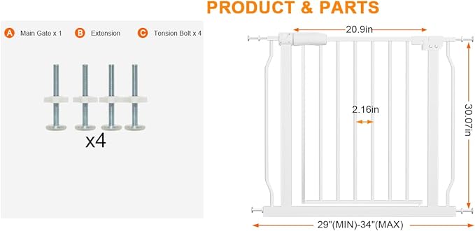 HOOEN 29-34 Inch Wide Baby Gate for Stairs Doorways Metal Indoor Dog Gates Pressure Mounted Walk Through Safety Gates Child Gates for Kids or Pets (29"-34")-BubblyBeeBaby
