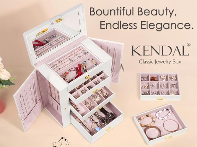 Kendal Extra Large Jewelry Box Jewelry Case PU Leather 6 Tier 5 Drawers Large Storage Capacity with Mirror Jewelry Storage Organizer Great Gift Also Good For Watches LJC-SHD5CM(White)-BubblyBeeBaby