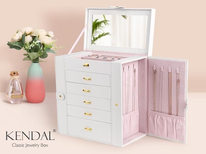 Kendal Extra Large Jewelry Box Jewelry Case PU Leather 6 Tier 5 Drawers Large Storage Capacity with Mirror Jewelry Storage Organizer Great Gift Also Good For Watches LJC-SHD5CM(White)-BubblyBeeBaby