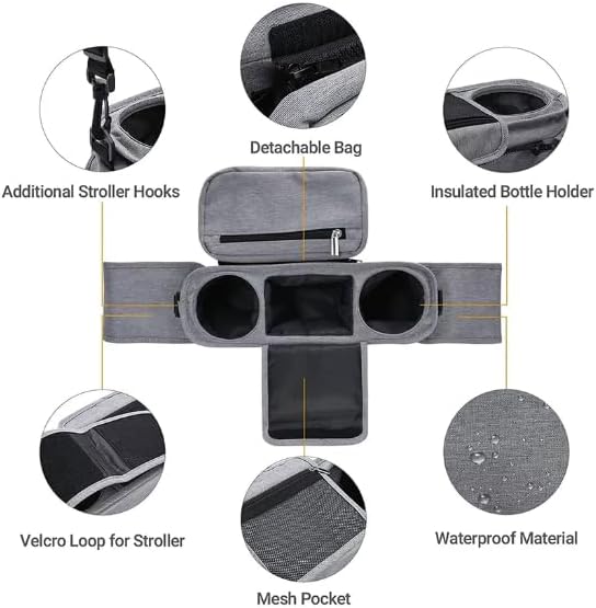 Universal Stroller Organizer with Insulated Cup Holder, Detachable Phone Bag, Shoulder Strap – Fits All Stroller Types, Keeps Drinks Hot/Cold (Grey)-BubblyBeeBaby