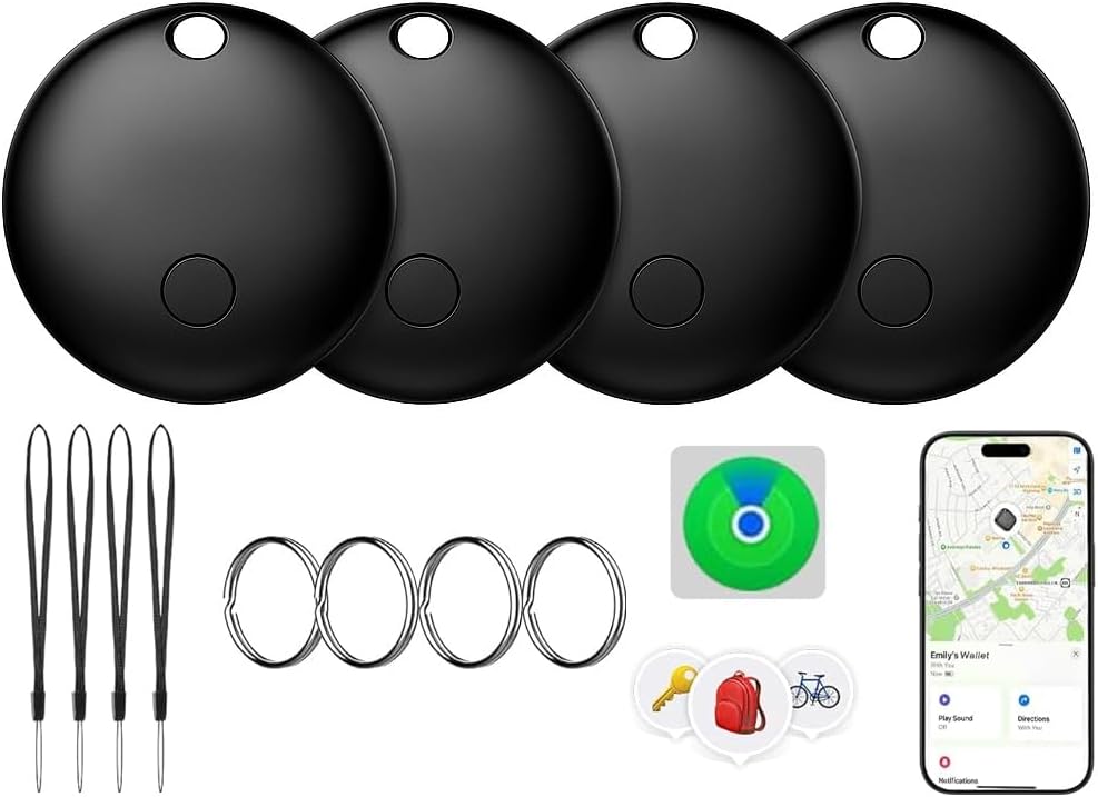 Air Tags-4 Pack, Pet Trackers, Item Locator Tags Works with Apple Find My | iOS Only | 4 Different Cases | Replaceable Battery | Water-Resistant | Item Finder for Key, Luggage, Backpack,Bike (4-Black)