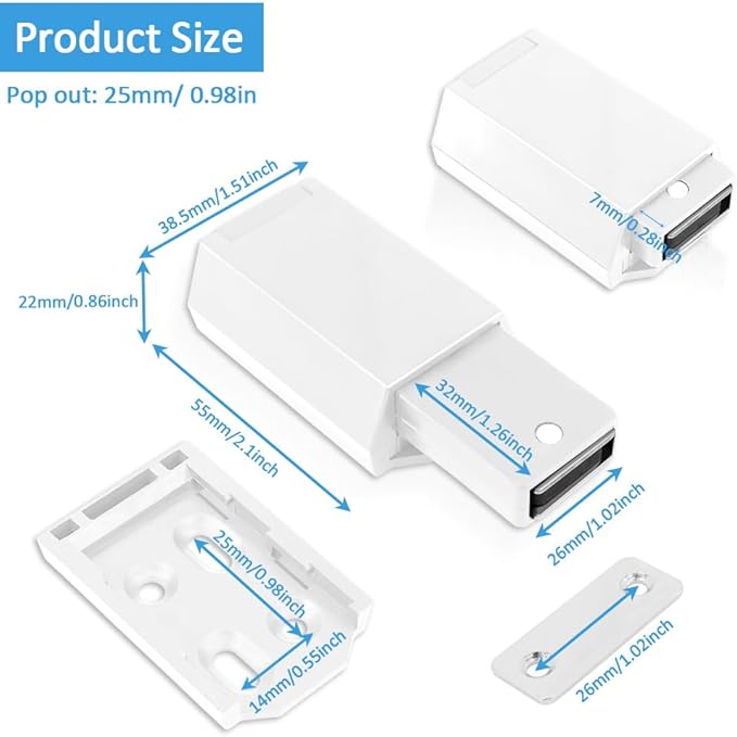 Heavy Duty Push to Open Door Latch, 2 Pack White Magnetic Push Latches, Hidden Push Touch Latch Hardware for Push to Open Cabinet, Magnetic Door Catch for Cabinet Drawer Wardrobe Kitchen Door-BubblyBeeBaby