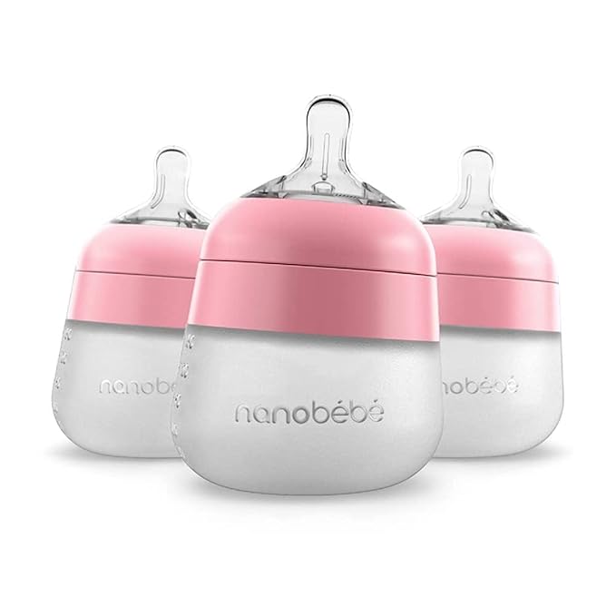 Nanobebe Flexy Silicone Baby Bottle, Anti-Colic, Natural Feel, Non-Collapsing Nipple, Non-Tip Stable Base, Easy to Clean 3-Pack, Pink, 5 oz-BubblyBeeBaby
